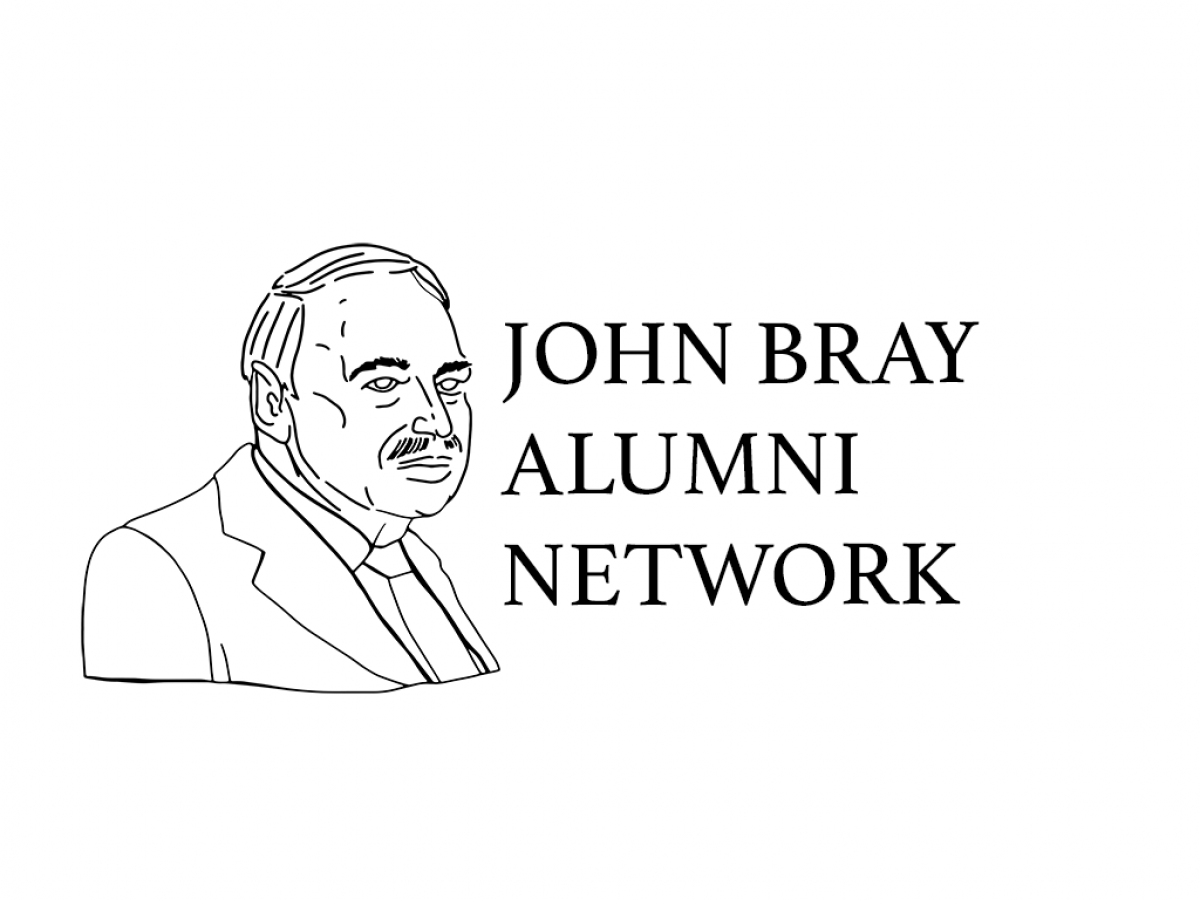 A cartoon of John Bray with text 'John Bray Alumni Network'