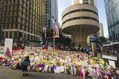 Martin Place memorial, flowers, city scape