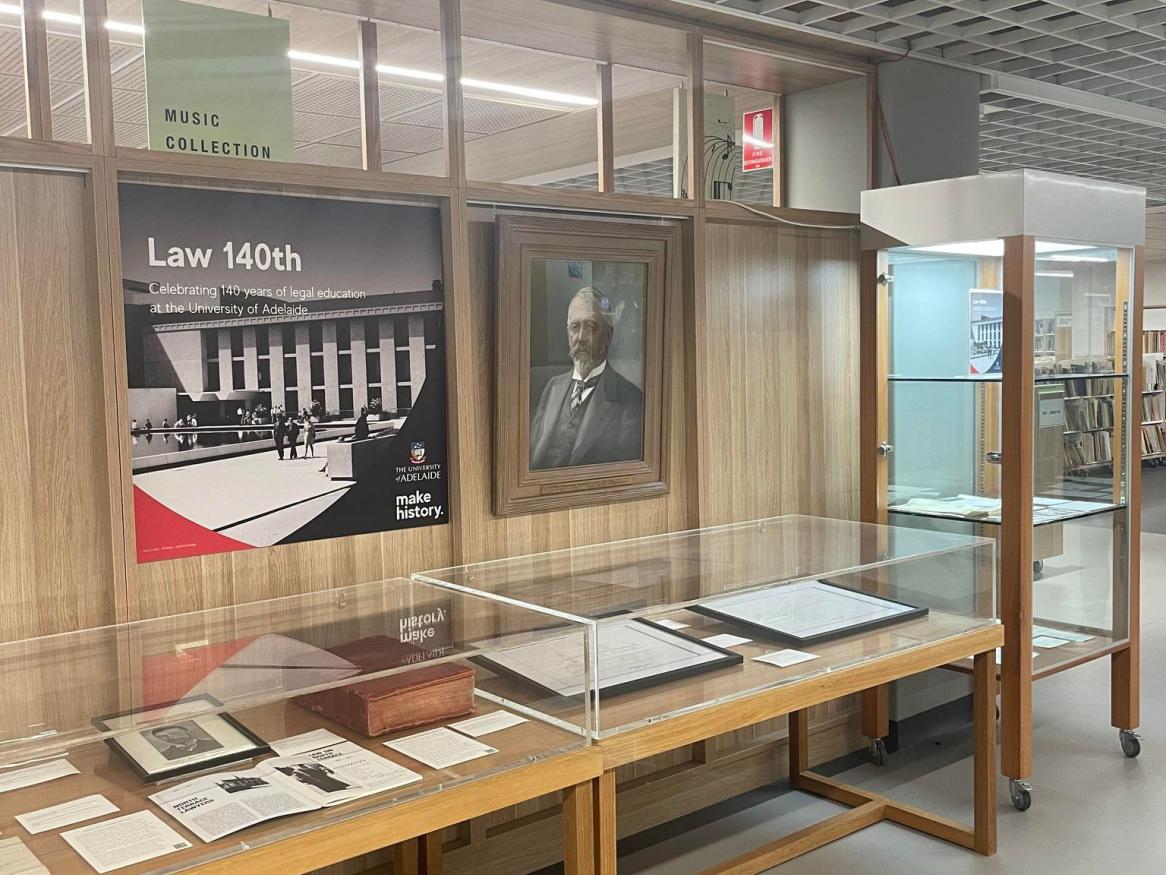 The Law 140 display on Level 1 of the BSL with glass cabinets containing various papers and artefacts
