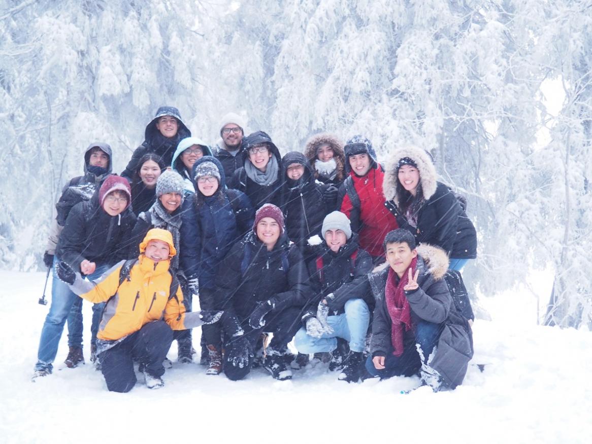 Group of exchange students in the snow in the Black Forest, Germany