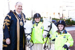 From left: Lord Mayor of Adelaide Michael Harbison with two of the riders who made the 264km trek, Renee Smith, 12, and Charlie Penna, 8, both from Moonta, with their ponies Wattle Brae Princess (who is almost 25 years old) and Rudi
Photo by Candy Gibson