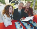 Co-editors Chelsea Avard (left) and Amy Matthews (right) with Dr JM Coetzee at the book launch
Photo by Campbell Brodie, courtesy of <i>The Advertiser</i>