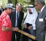 His Highness the Ruler of Sharjah (second from right) learns the finer points of didgeridoo playing from CASM student Matthew Johnson (left), with Pro Vice-Chancellor (International) Professor John Taplin (second from left), and Centre for Australian Indigenous Research & Studies Director Professor Roger Thomas
Photo by Ben Osborne