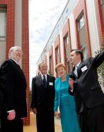 Examining the Village are (from left) Vice-Chancellor Professor James McWha, Chancellor the Hon. John von Doussa, Her Excellency Governor Marjorie Jackson-Nelson and Accommodation Manager Mr Geoff Denison
Photo by Ben Osborne