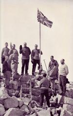 Sir Douglas Mawson, pictured with members of his team on the British, Australia and New Zealand Antarctic Research Expedition in 1931.  This photograph records the proclamation of King George V Land