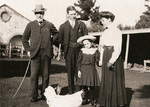 Peter Waite (left) in front of Urrbrae House stables with son David, granddaughter Dorothy and daughter Lily.