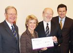 A $3.5 million cheque is presented to the University of Adelaide (from left): the Chancellor, the Hon. John von Doussa QC, Federal Education Minister the Hon. Julie Bishop, Vice-Chancellor and President Professor James McWha, and the Federal Member for Boothby, Dr Andrew Southcott.  Ms Bishop and Dr Southcott are both University of Adelaide graduates.
Photo by David Ellis