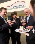 Research partners Richard Gunner, the owner of Feast! Fine Foods, and University of Adelaide chief investigator Dr Zibby Kruk with Agriculture, Food and Fisheries Minister the Hon. Rory McEwen, taste meatballs made from some of the new lamb at Graduates Restaurant, TAFE SA Regency Campus
Photos by Randy Larcombe
