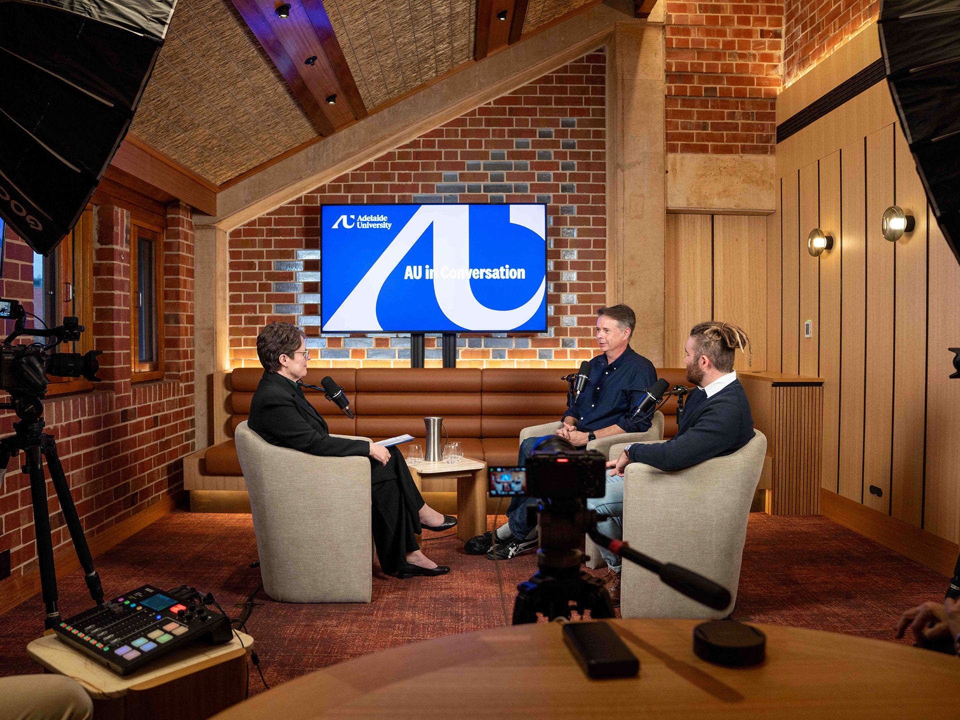 Episode 1, AI: The Electricity of Our Future — How universities can power what’s next: Vice Chancellor and President Nicola Phillips, Professor Anton van den Hengel and postgraduate student Oliver Lack in studio.