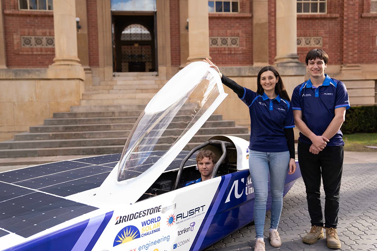 Members of Adelaide University Solar Racing Team: Adam Longmire, Maria Kapsis and Adam Palkovics. Credit: University of Adelaide/Lachlan Wallace