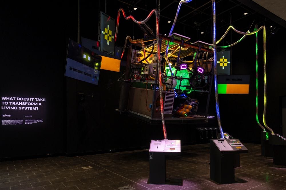 The Beast, an exhibit at Adelaide University’s futuristic museum of discovery, MOD., challenges visitors to care for a living system that is never truly sated, balancing renewable and non-renewable energy inputs and growth to try and keep it happy. Associate Professor James Hopeward was one of a number of researchers involved in The Beast’s development. Image by Sia Duff, courtesy MOD.