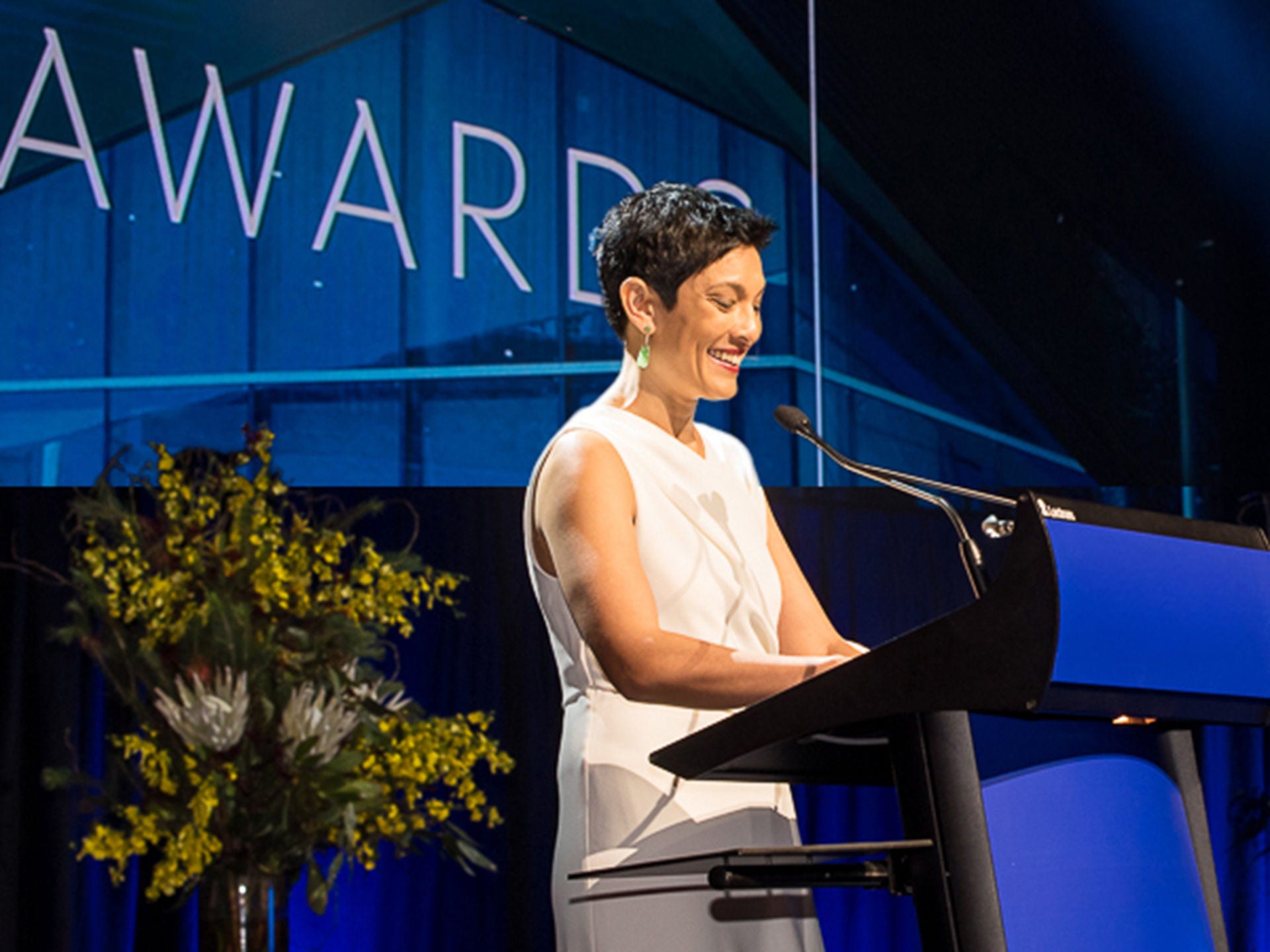 Tirana Hassan makes an alumni award acceptance speech