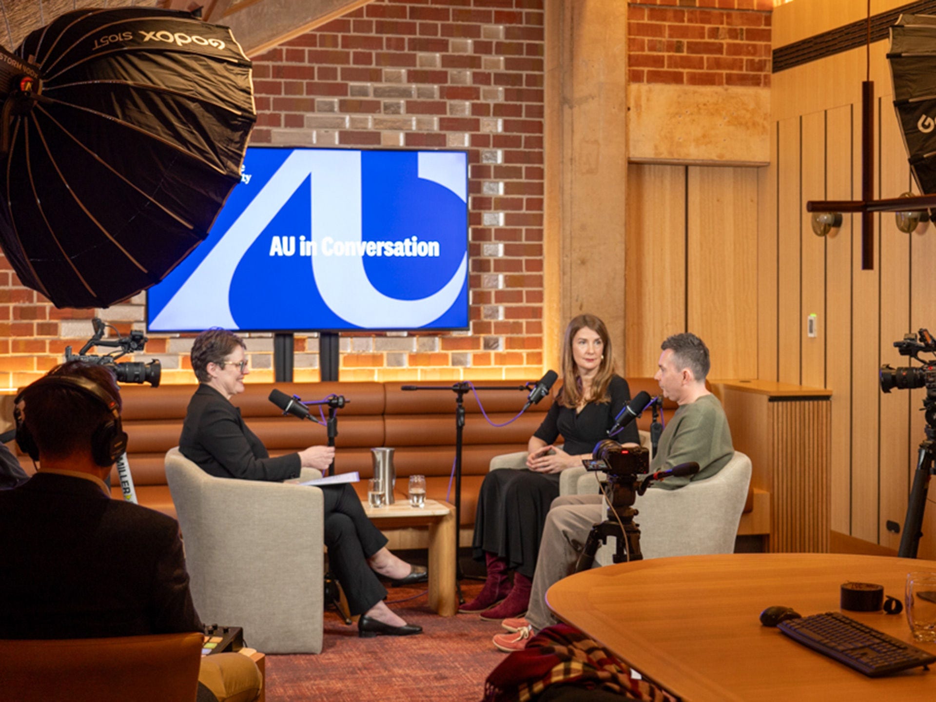 Episode 3, The future of the humanities: behind the scenes, Vice Chancellor and President Nicola Phillips, Professor Anna Goldsworthy and Professor Craig Batty in studio.