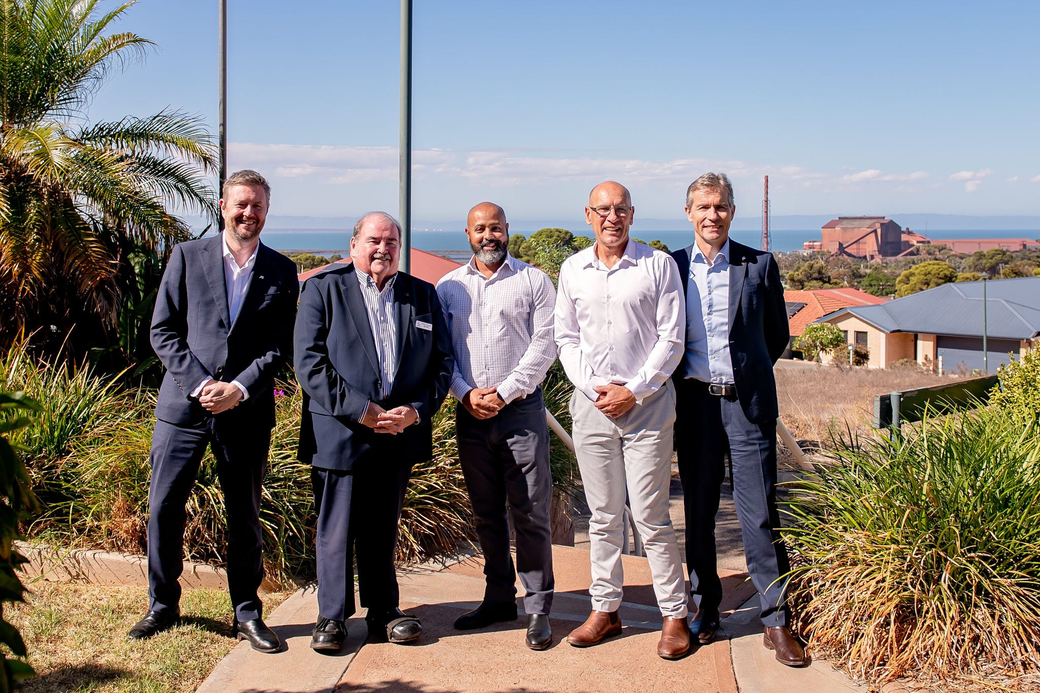 Adelaide University co-Vice Chancellor Professor David Lloyd, Mayor of Whyalla Phill Stone, CEO of Country & Outback Health (Whyalla) Zieco Skeldon, Whyalla Regional Manager Paul Havelberg and Adelaide University co-Vice Chancellor Professor Peter Høj AC. 