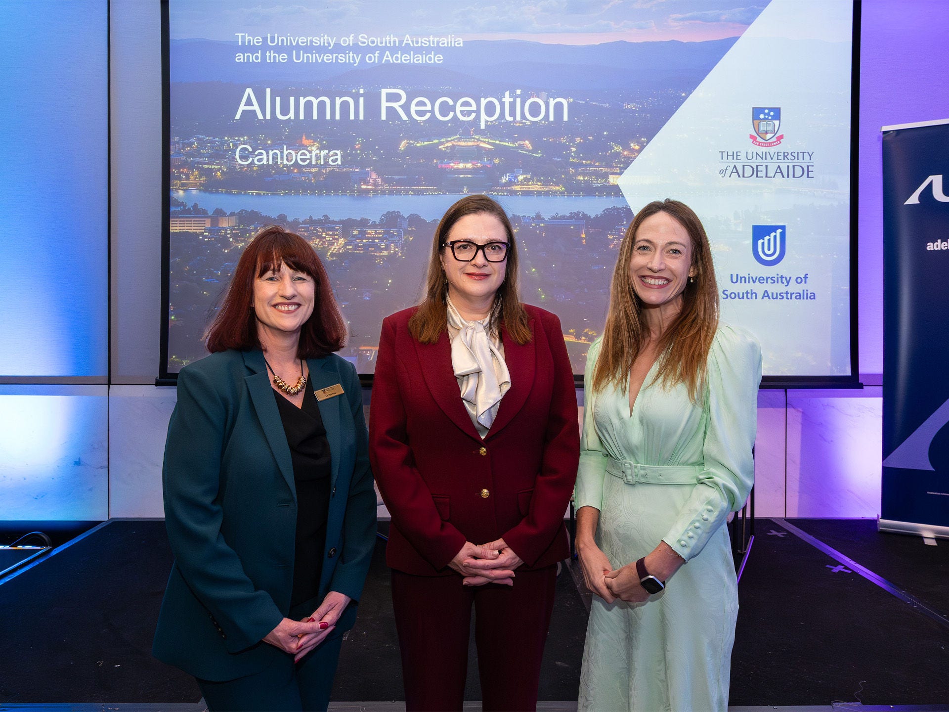 Chief Defence Scientist Professor Tanya Monro AC (centre) with Liz Hawkins and Professor Jessica Gallagher in Canberra, 2025