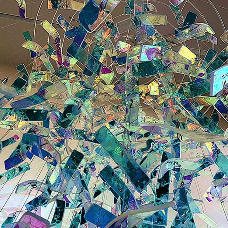 Lorry Wedding-Marchioro, Everything and nothing, 2026, mild steel, dichroic perspex, braided line, stainless steel, automotive paint, 90 x 90 x 130 cm.