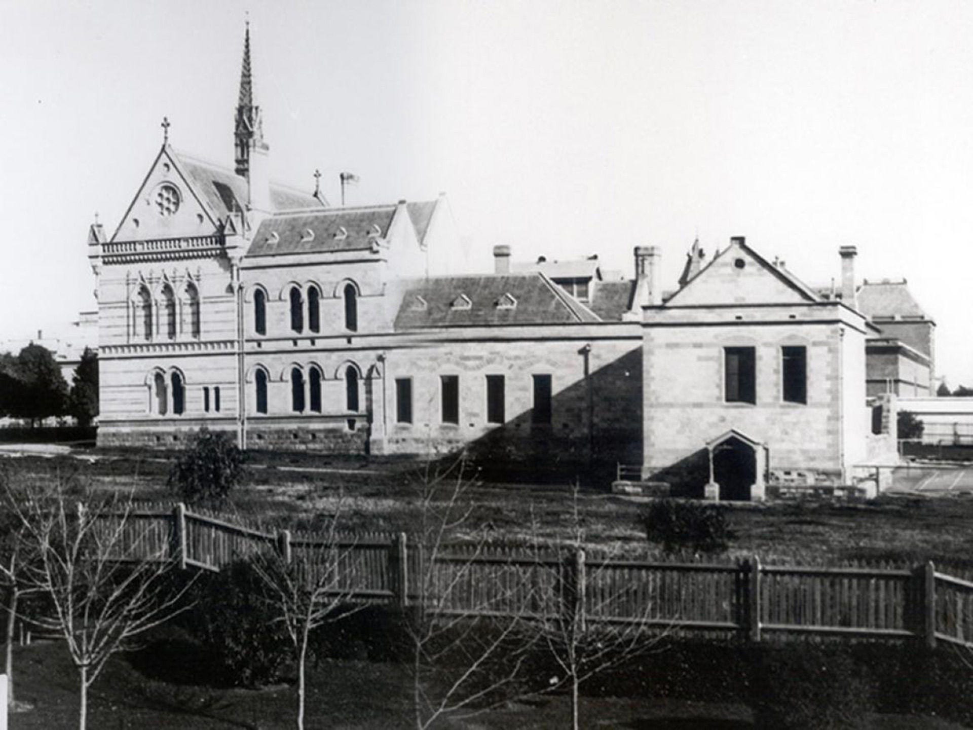 A black and white photograph of the Mitchell Building