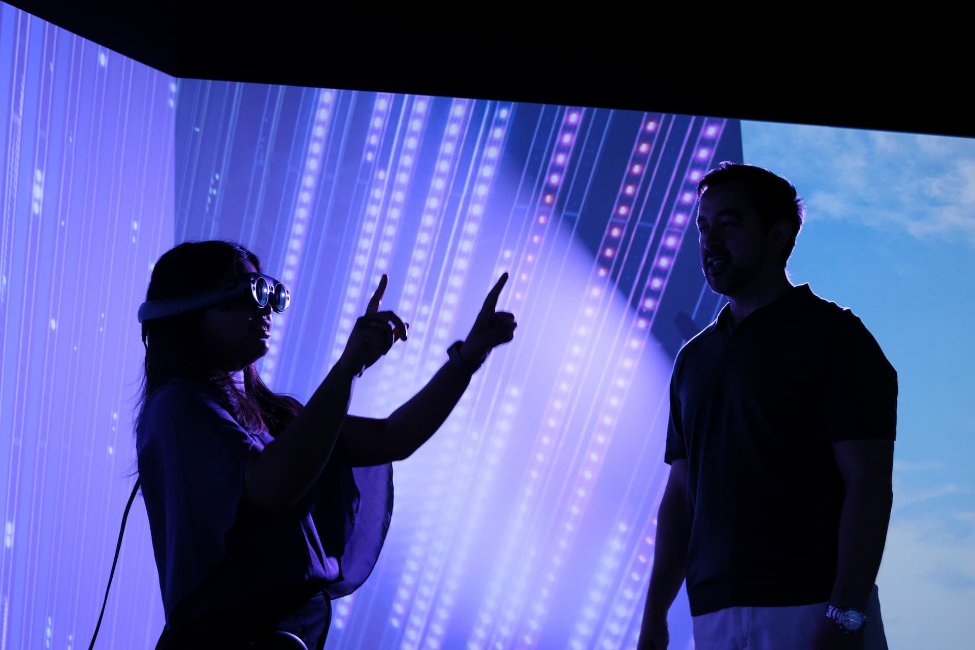Two students using the virtual reality research facilities