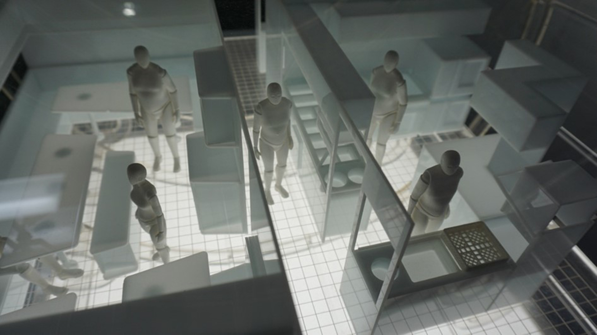Virtual reality style image showing humans in a building