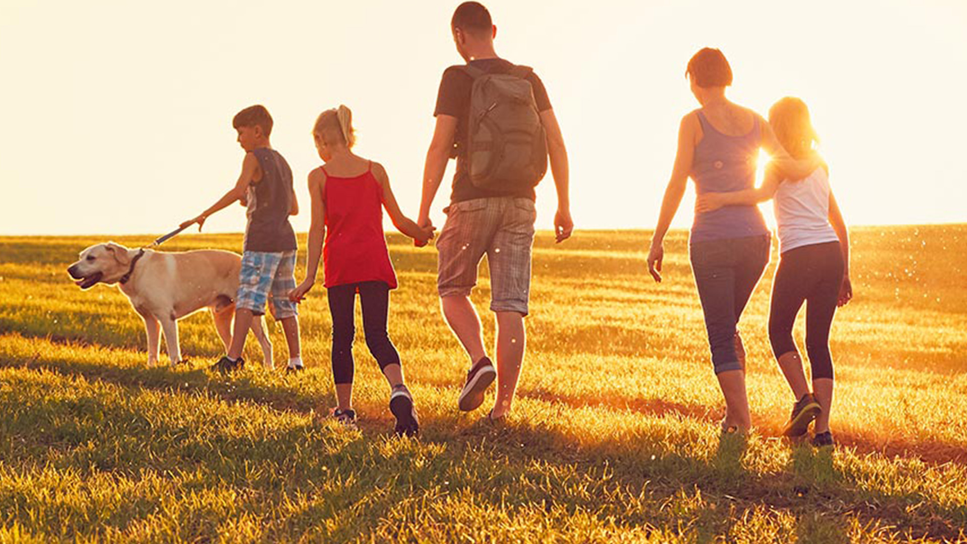 Family walking a dog in a field