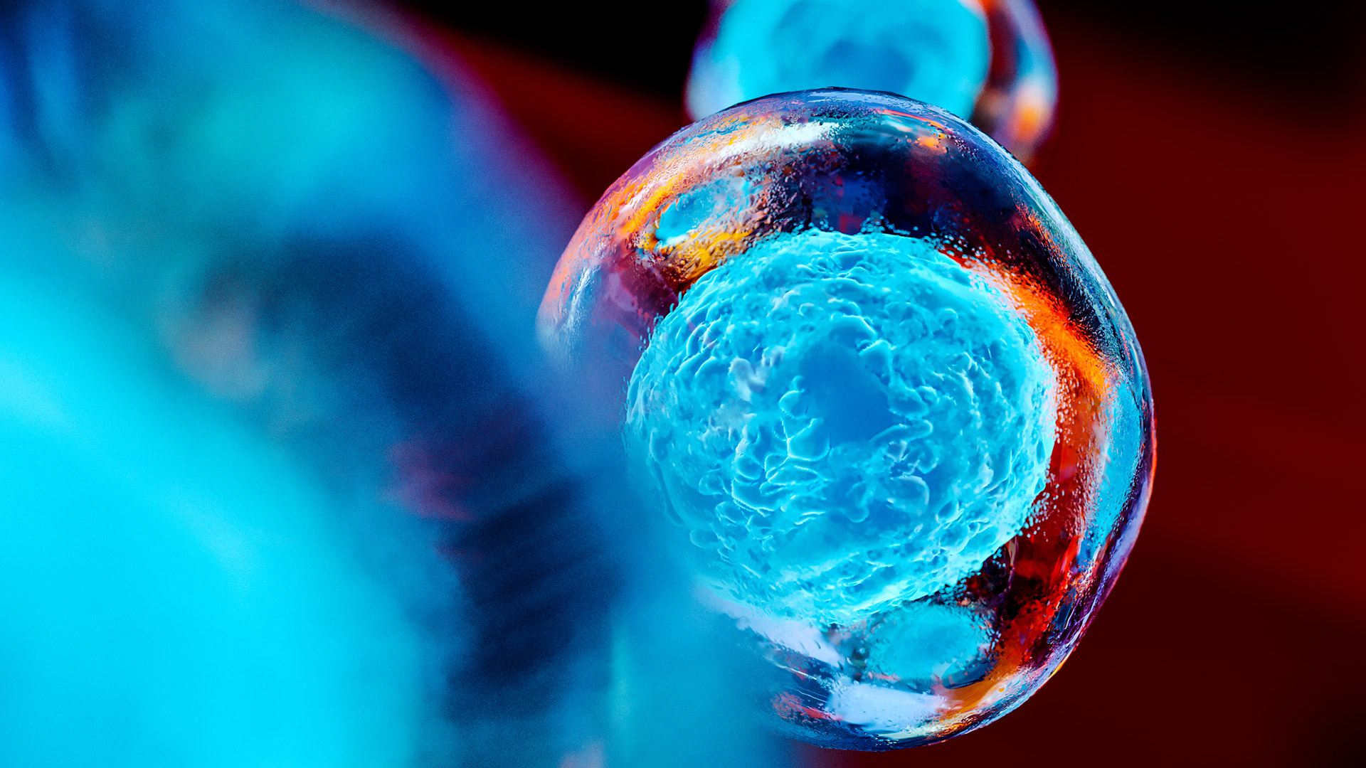 REsearch microscopic close-up of a glowing blue cell