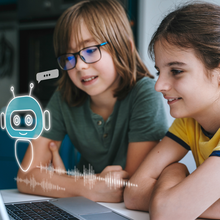 Two young people staring at a screen superimposed with a digital graphic of an AI robot character