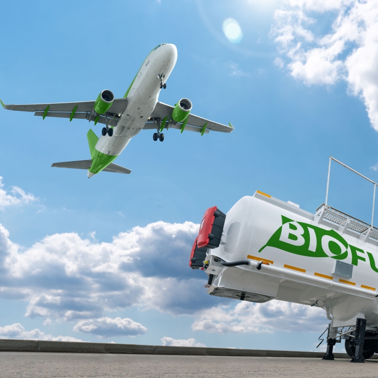 plane flying over a container of biofuel