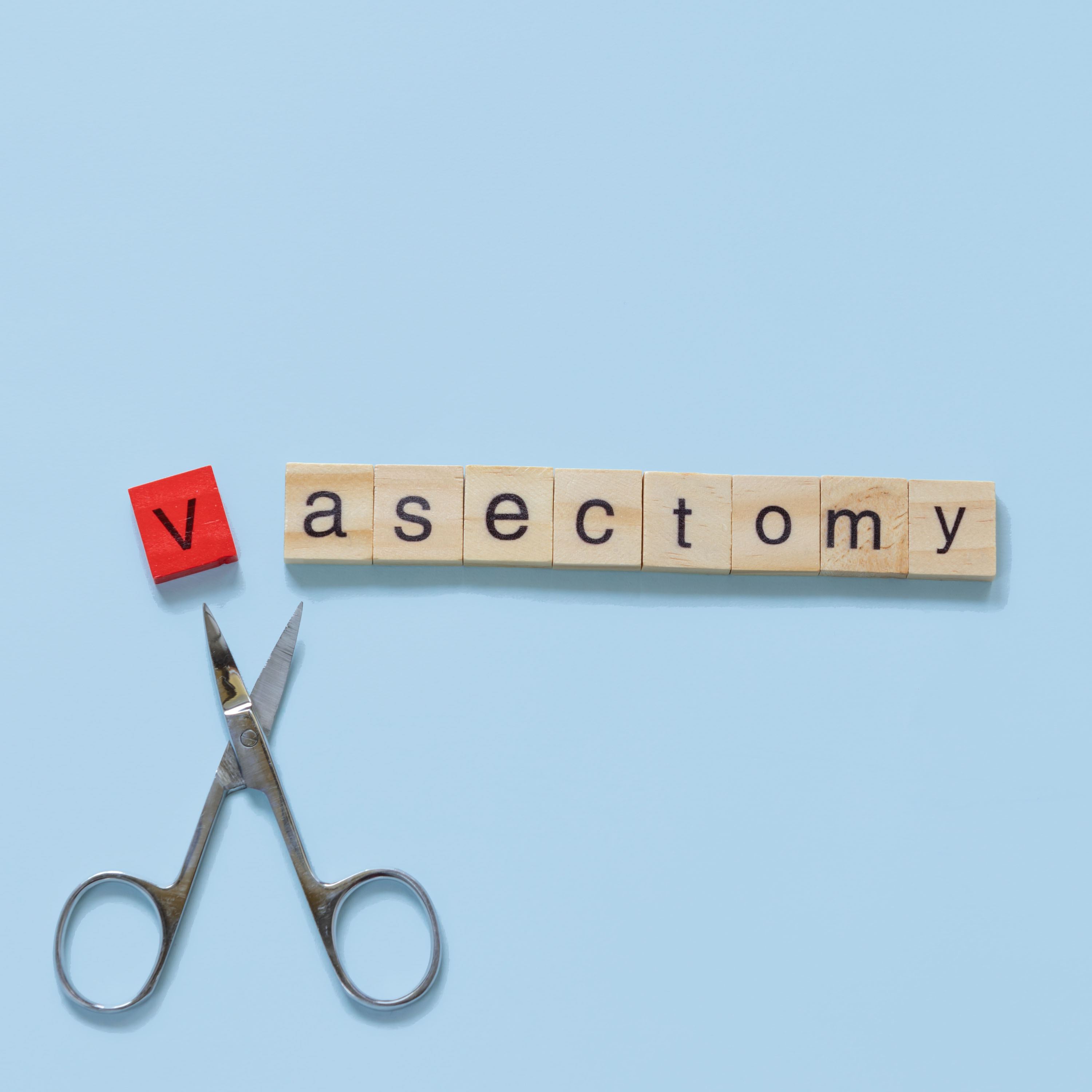 scissors and the word vascectomy spelt in blocks