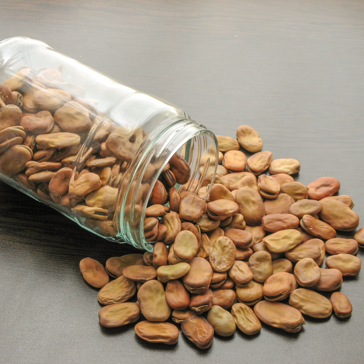 Faba beans spilling out of a jar