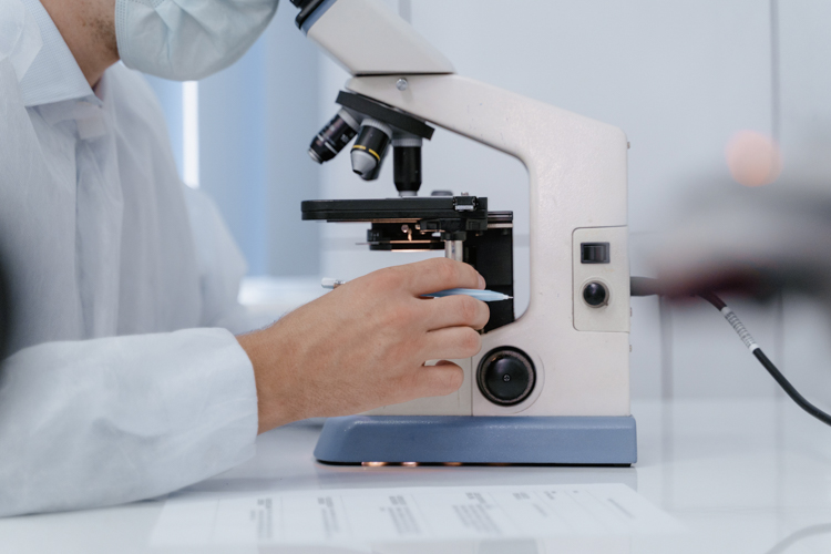 A person looks through a microscope