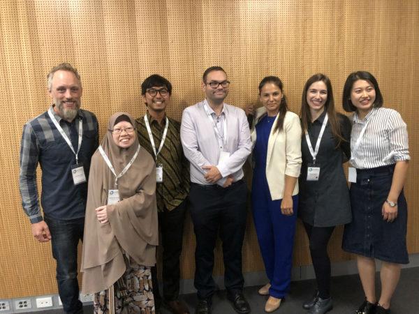 Participants in the AARES Three Minute Thesis Competition. (L-R: Matthew Wysel Rahma Ma’mun, Rida Akzar, Constantin Seidl, Alfinura Sharafeyeva, Livia Padilha and Nikki Zhang)