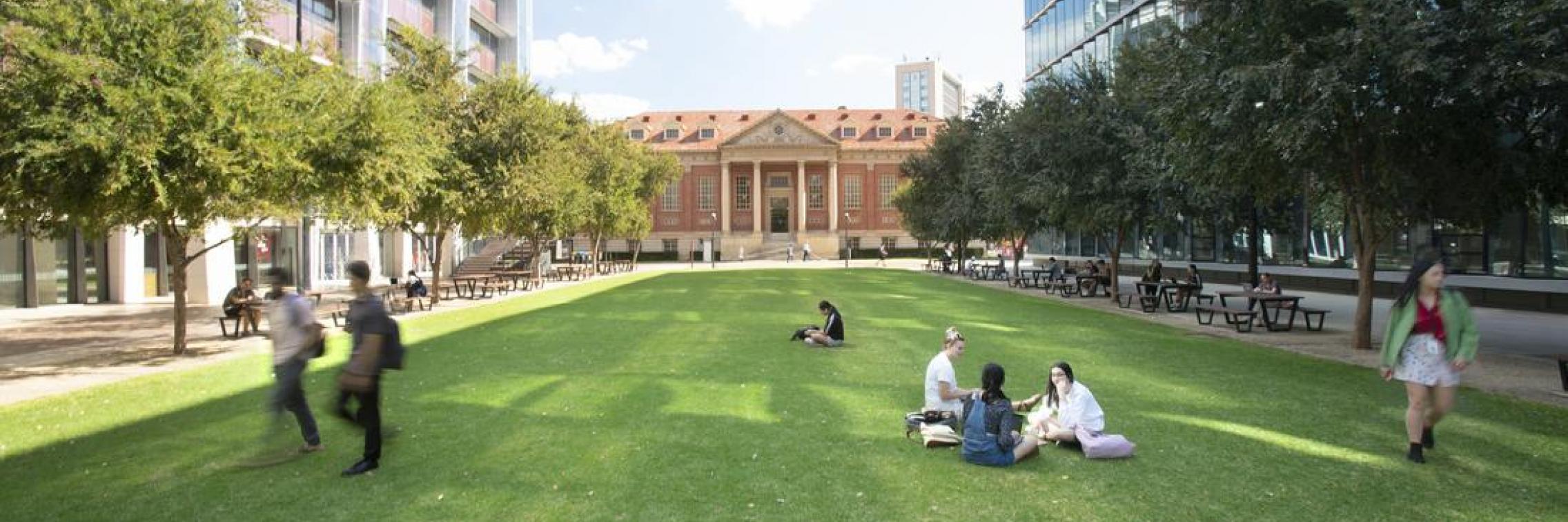 An image of the Barr Smith Library at the University of Adelaide, with students in the foreground.