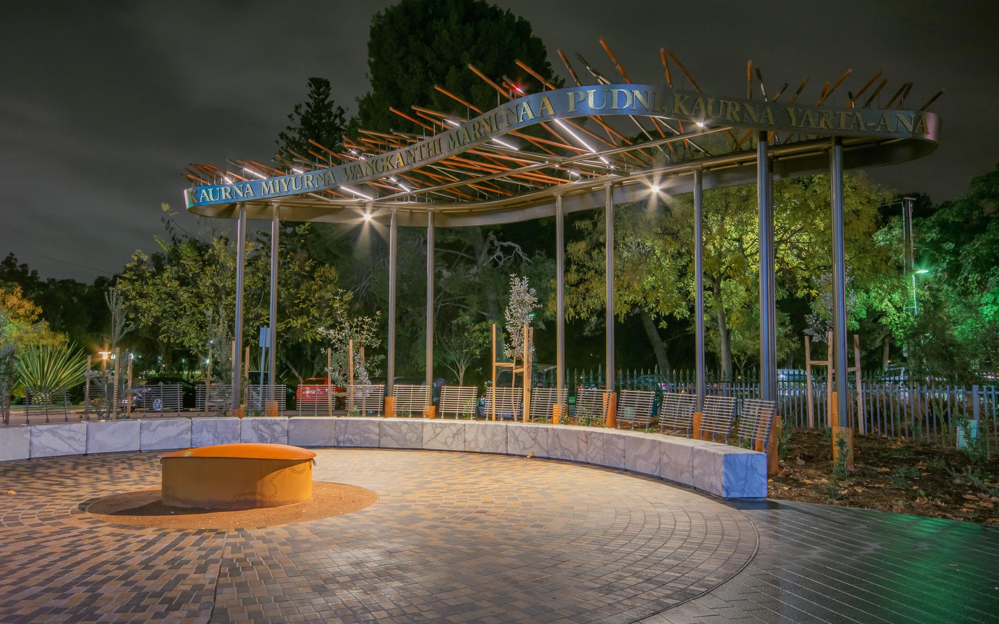 Image of Kaurna Learning Circle lit up at night 