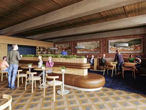 Artist impression of the restaurant on level of 5 Union House with plush seating and people mingling