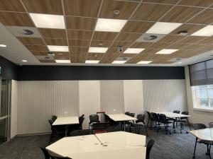 Engineering North 132 acoustic wall panels and feature timber-look ceiling