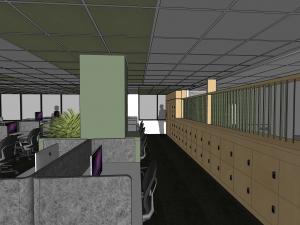 Architectural drawing of HDR hub with lockers and workstations