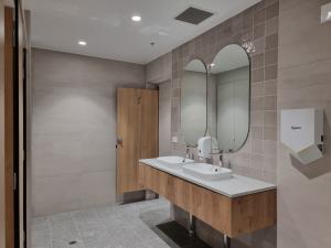 250 North Terrace bathroom with two mirrors, vanity and wood-finish cubicles
