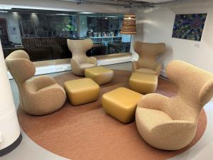 Plush chairs and tables in the Barr Smith Library Tirkanthi Yangadlitya area