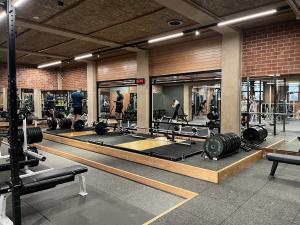 Deadlift area of the Fitness Hub with weights platform and free standing weights