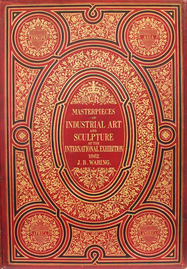 Red embossed leather book cover with gold inlay border design