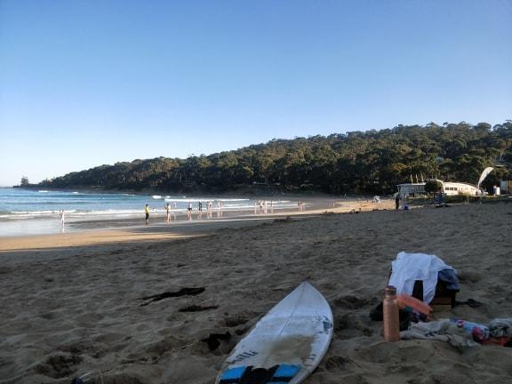 A beach with some forest in the background, a surf board and beach gear in the foreground