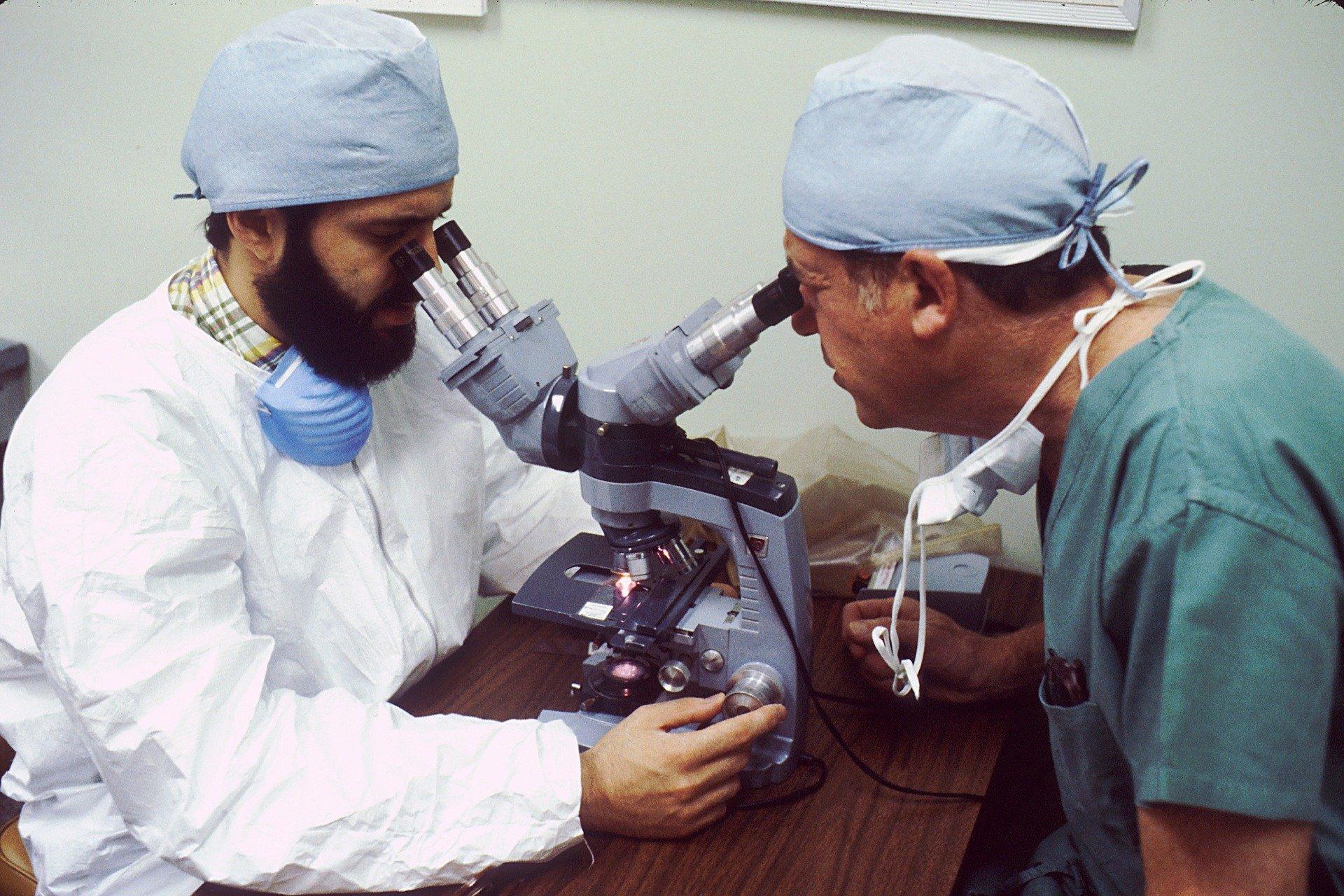 Two men look through microscope.