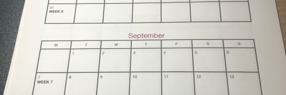 Photo of calendar with box for each day.