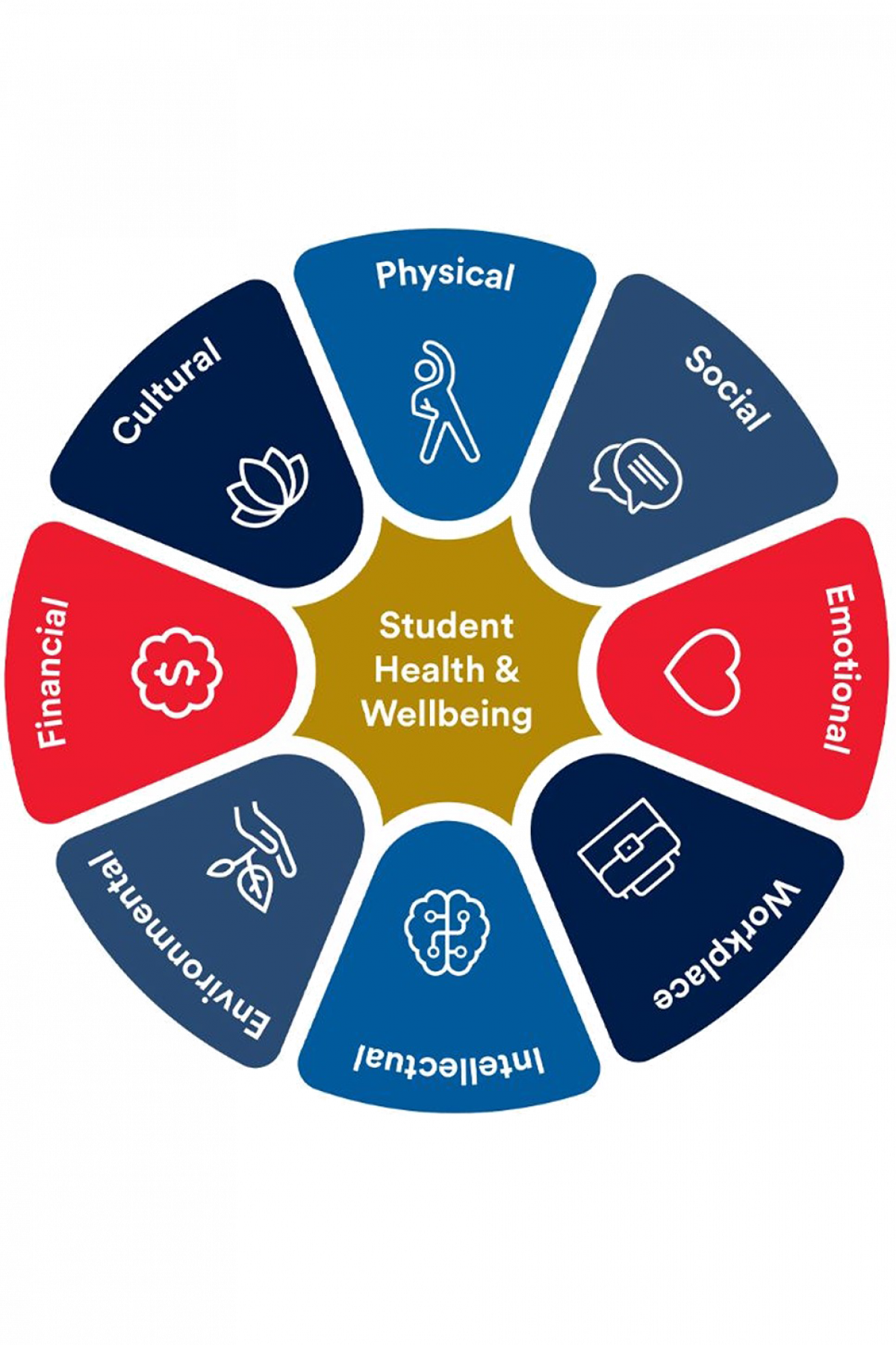 A wheel split into 8 dimensions, each representing a different aspect of Wellbeing