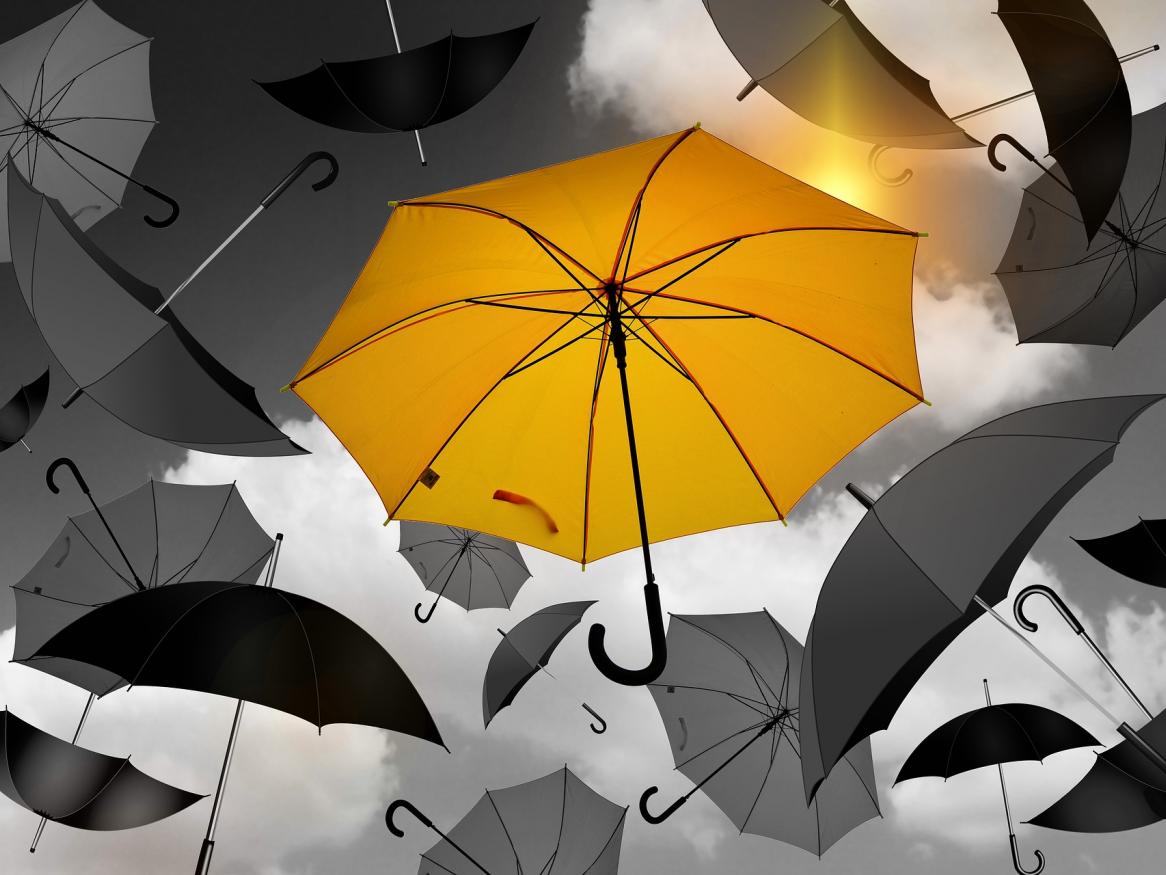 Yellow umbrella amongst grey umbrellas