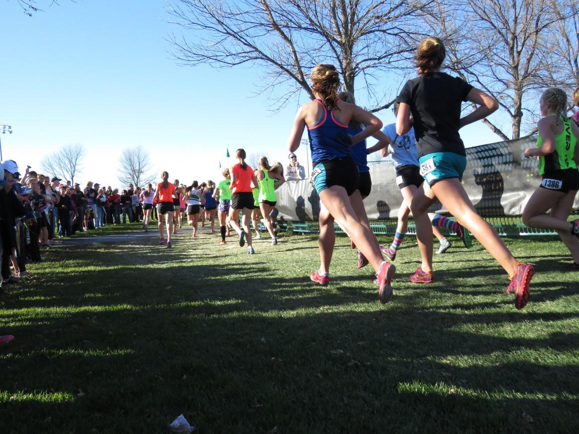 Runners running toward the finish line