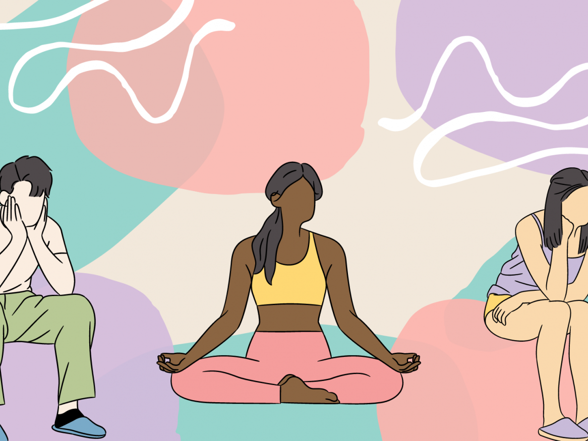 Graphic of 3 people sitting in various positions meditating and thinking