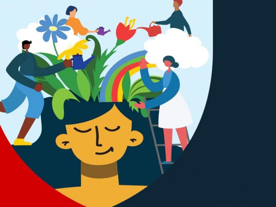 Graphic of a person with plants growing from top of head with 4 others watering and tending the plants
