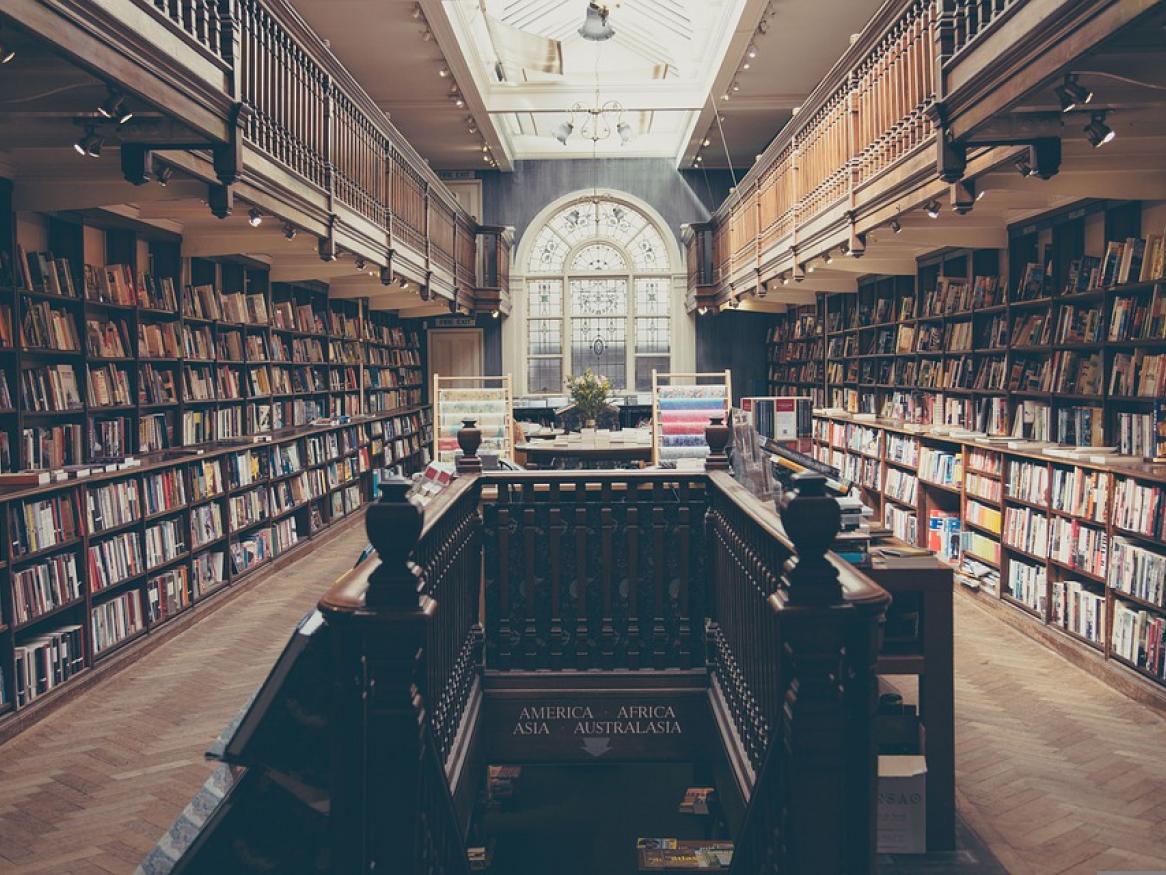 A library with a large window and floor-to-ceiling bookshelves.