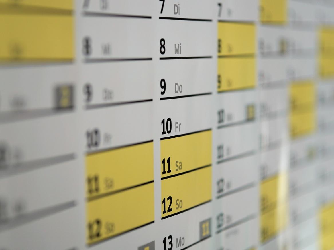 A close up of a line of dates, in white and yellow.